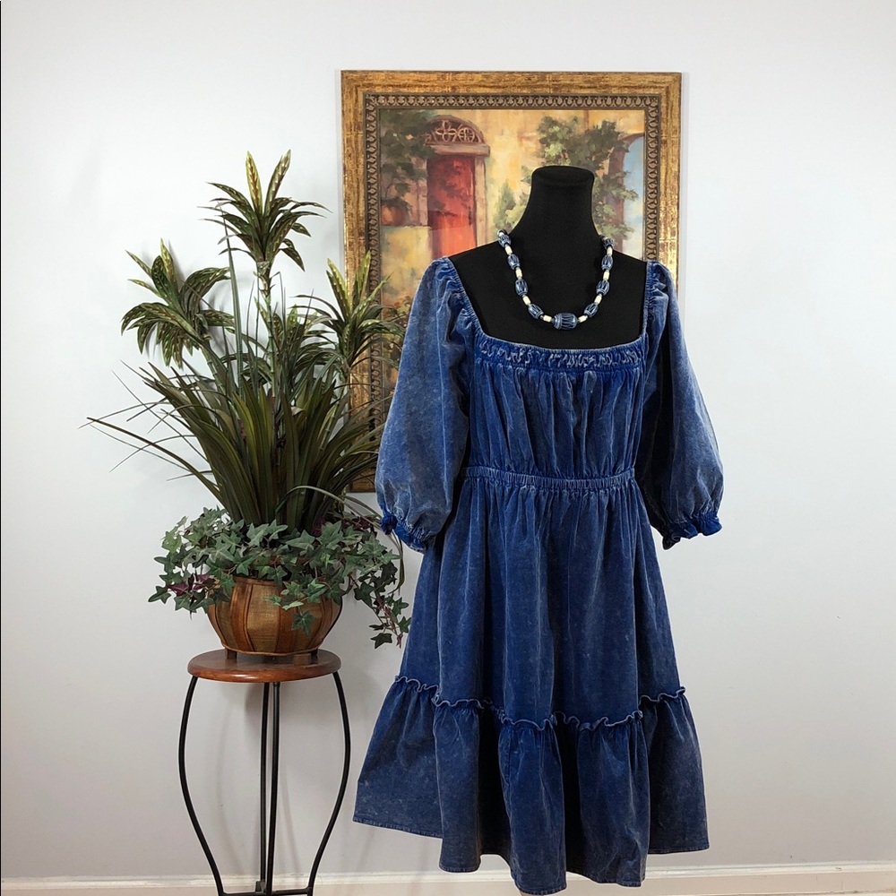 White Birch Black Label Women Blue 3/4 Puff Sleeve Dress Off Shoulder Tiered